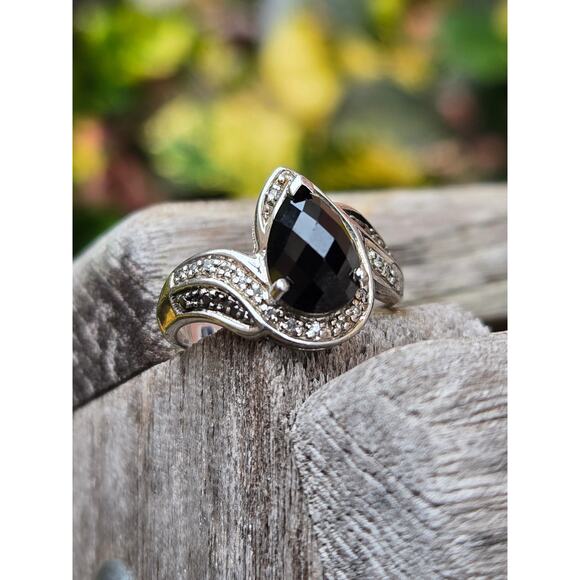 Vintage Solid Sterling Silver Emerald Cut Teardrop/Pear Black Onyx Ring, Sz 6.75 - Picture 3 of 8